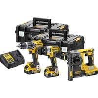 DeWalt 18v XR cordless tool kit with drill, impact driver, saw, two black cases, and battery charger.