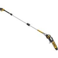 DeWalt cordless pole chainsaw with yellow and black design, 200mm blade, and extendable handle.