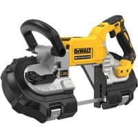 Yellow and black DeWalt cordless band saw with deep cut capacity and ergonomic handle design.