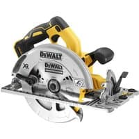 Yellow and black DeWalt cordless circular saw with 184mm blade and ergonomic handle.