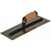 Curved stainless steel trowel with leather handle, 14-inch, by DEWALT Drywall, featuring a sleek, flexible blade.
