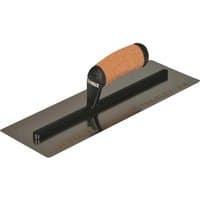 Stainless steel DeWalt drywall trowel with flexible blade and leather handle.