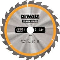 Circular saw blade by DeWalt, silver with 24 teeth, 250mm diameter, yellow accent, and central mounting hole.