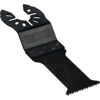 Black DeWalt oscillating multi-tool blade with fastcut teeth and universal fit design.