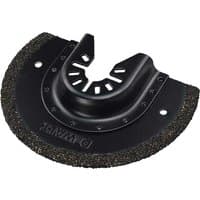Black DeWalt carbide oscillating tool blade with semi-circular shape and textured edge for grout removal.