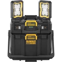 Black DeWalt Tough system V2 storage box with dual LED work lights on top, rugged design, and yellow accents.
