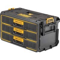 Black DeWalt Tough System V2 tool case with three yellow-accented drawers and a sturdy side handle.