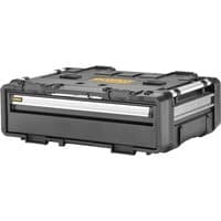 Black DeWalt Tough System V2 tool box with deep drawer, durable latches, and reinforced corners.