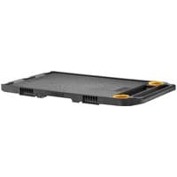 Black DeWalt Tough System V2 work top with yellow accents, flat rectangular surface, and integrated handle.
