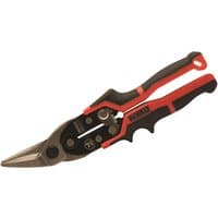 Red and black DeWalt Ergo Aviation Snips with ergonomic handles and sharp metal cutting blades.