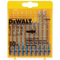 Yellow DeWalt case with 10 metal jigsaw blades, each with blue tips and labeled for multi-material cutting.
