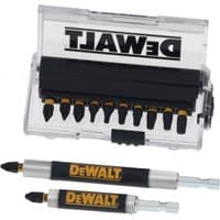 DeWalt Extreme 14 Piece Impact Torsion Screwdriver Bit Set in clear case with black and yellow bits, DeWalt logo visible.