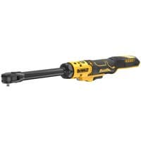 Yellow and black DeWalt 18V brushless extended ratchet with ergonomic grip and 1/4-inch drive head.