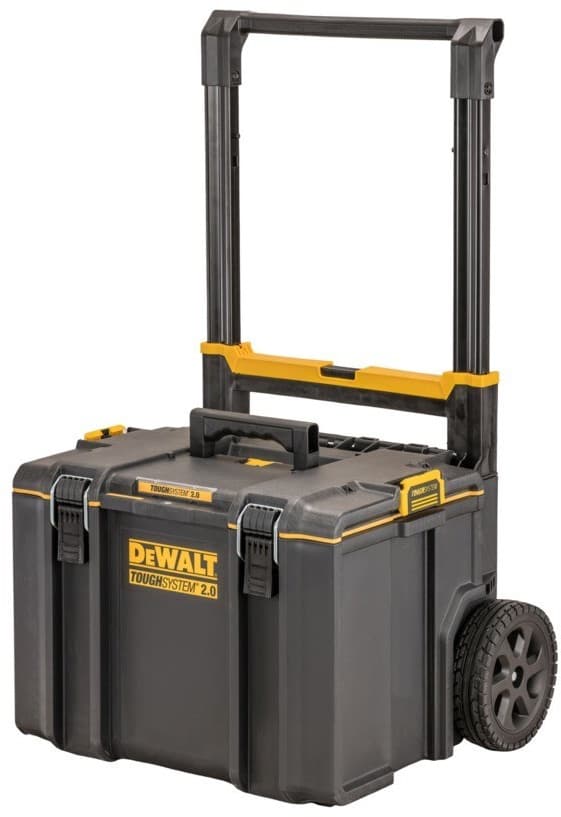 Black and yellow plastic tool box with a single drawer, wheeled design, retractable handle, and sturdy construction, measuring 685 mm x 500 mm x 554 mm, branded with DeWALT logo.
