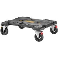 Black DeWalt TOUGHSYSTEM 2.0 DXL Dolly with four swivel wheels and yellow logo on top.