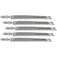 Set of five DeWalt T234X HCS jigsaw blades with silver finish and sharp, progressive teeth for wood cutting.