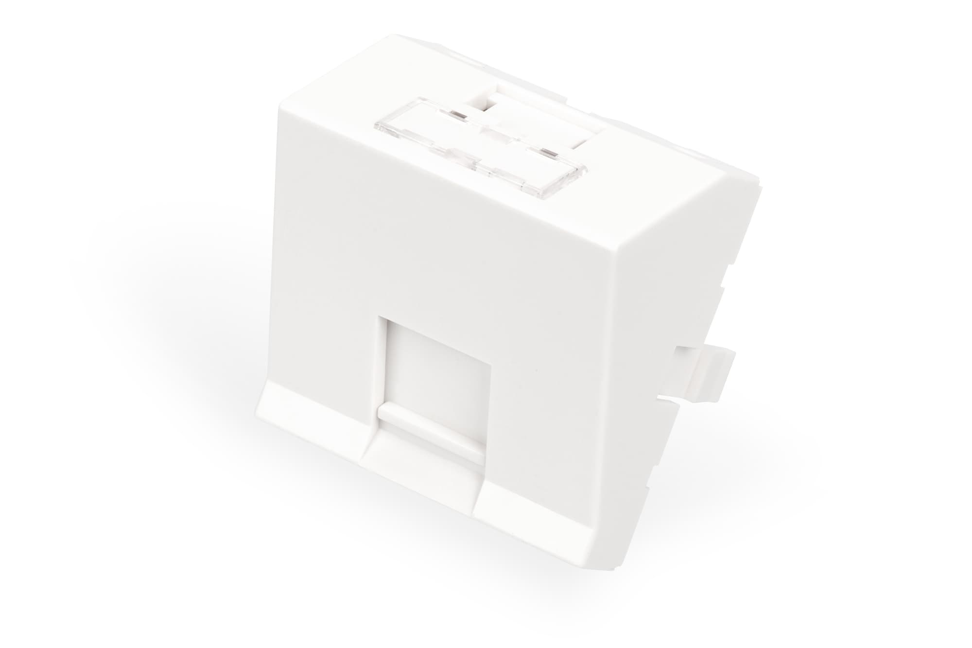 White angled face plate with one port, measuring 45 x 45 mm, designed for frame DN-93802-5-S, featuring a sleek plastic finish and a clear label area.