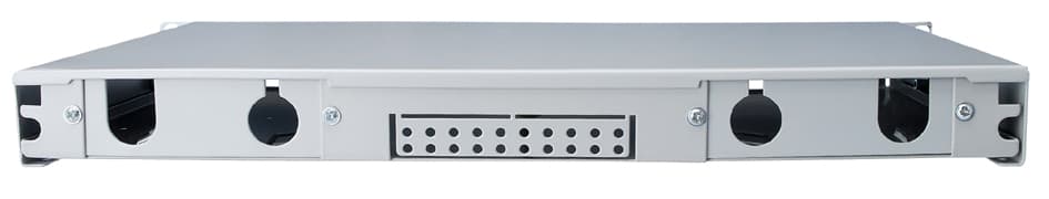 Gray metal fiber optic splice box with quick lock mechanism, featuring multiple round ports and ventilation holes for efficient cable management.