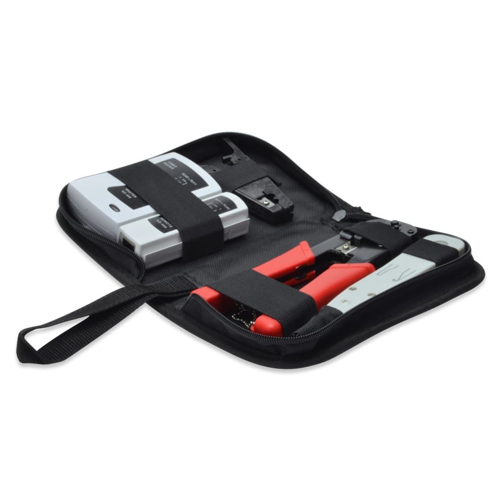 Black zippered tool kit containing a cable tester, crimping tool, and various connectors, with red and white tools prominently displayed inside.