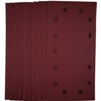 Maroon Draper sanding sheets, 115x230mm, 240 grit, hook and loop backing, pack of 10, with pre-punched holes.
