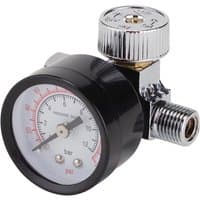 Black and chrome Draper air regulator with round pressure gauge, marked up to 180psi, and 1/4" BSP fitting.