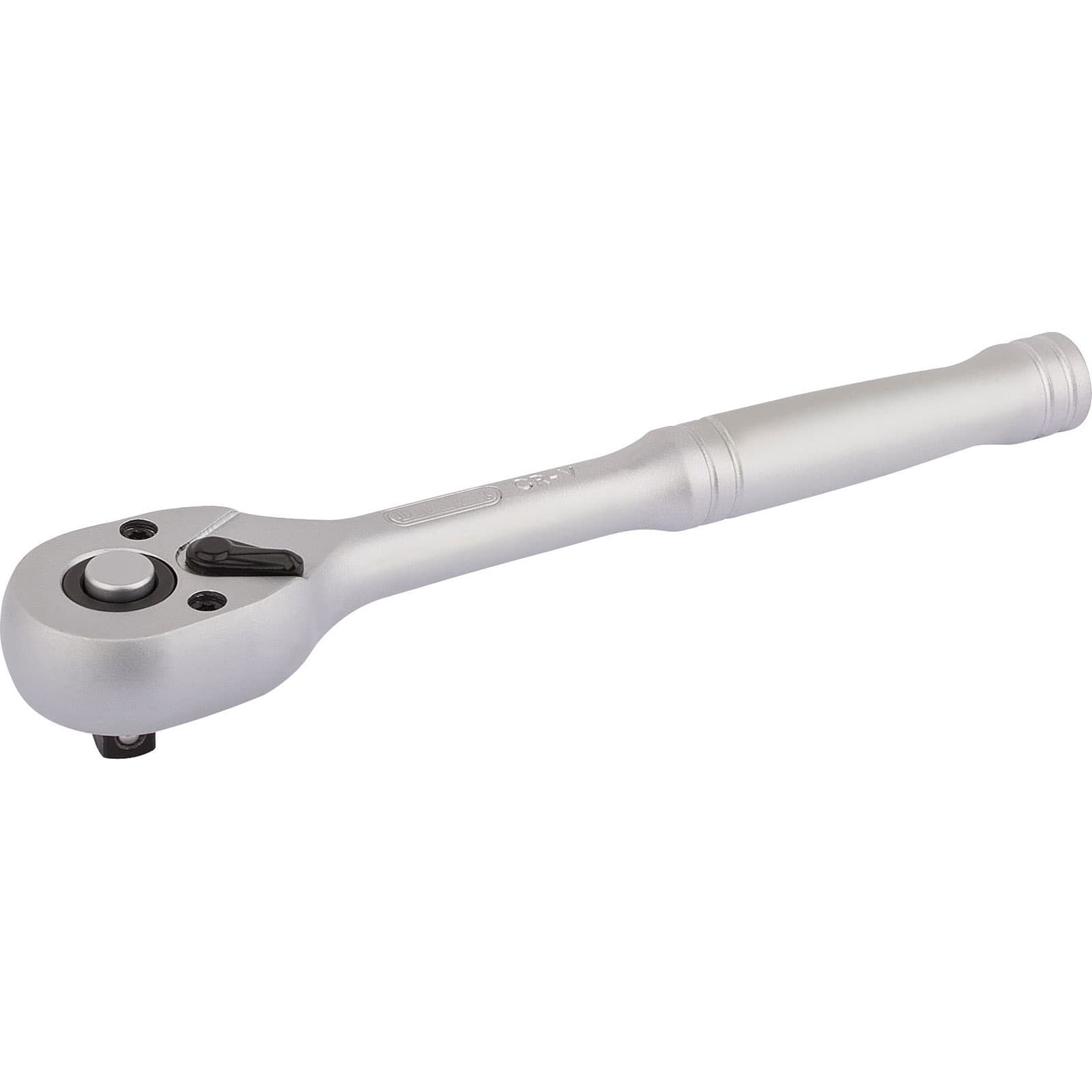Silver 1/4" square drive ratchet with a 72-tooth mechanism, featuring a reversible switch and a smooth, ergonomic handle for comfortable grip.