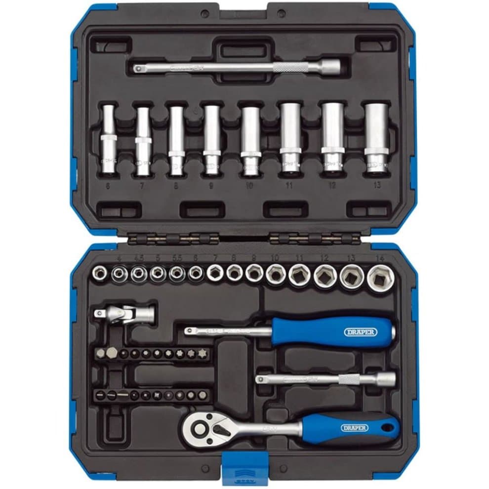 47-piece Draper 16355 metric socket set featuring chrome vanadium steel sockets, two blue-handled ratchets, and organized in a durable black case with blue accents.