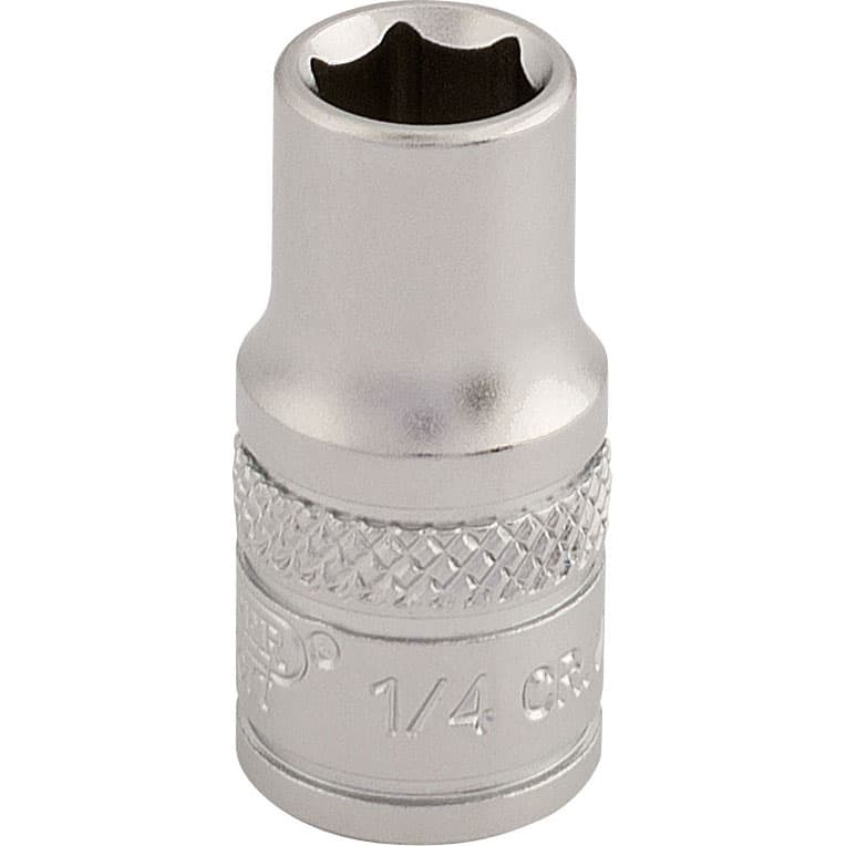 Silver 1/4" square drive imperial socket with a textured grip, featuring a six-point opening for enhanced torque and durability, marked with the size on the side.