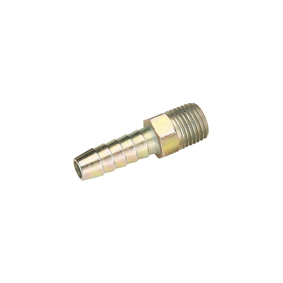 Five metallic male screw tailpieces with a 1/4" taper and 5/16" bore, featuring a shiny gold finish and ribbed design for secure connections.