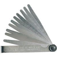 "Draper 10 Blade Metric Feeler Gauge Set with silver metal blades fanned out and engraved measurements"