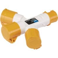 White and yellow Draper 110V 3-way splitter, 16A, with three round sockets and black label on top.