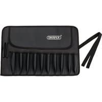 Black Draper 12 Division Tool Roll with flap cover, logo, and tie straps, featuring twelve pockets for tool storage.