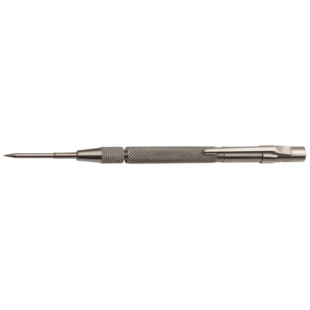 Silver metal pocket scriber with a pointed tip, knurled grip for better handling, and a clip for easy attachment, measuring 125mm in length.