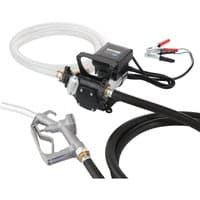 Black Draper 12v/24v diesel transfer pump with hoses, nozzle, and red/black battery clamps.