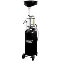 Black Draper 90L suction oil drainer with chamber, wheeled base, and multiple hoses for efficient oil extraction.