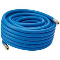 Blue Draper 15M air line hose with 1/4" BSP fittings and 6MM bore, coiled neatly with brass connectors.