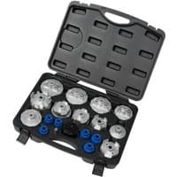Draper 19 Piece Oil Filter Cap Wrench Set in black plastic case with assorted silver and blue wrenches.