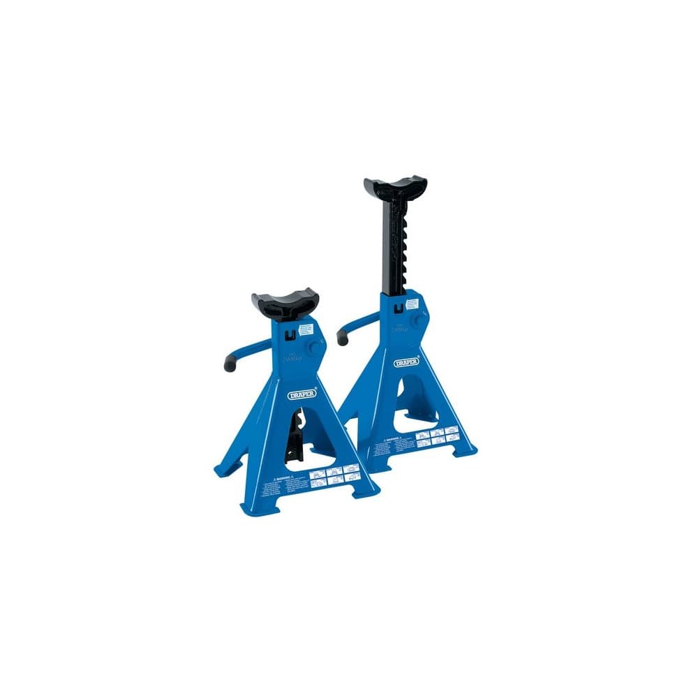 Blue metal ratcheting axle stands with a 2-tonne capacity, featuring a sturdy triangular base and adjustable height mechanism for secure vehicle support.