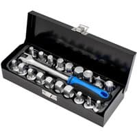 Draper 20 Piece 3/4" Drive Oil Drain Sump Plug Key Set in black case with blue-handled wrench and various socket sizes.