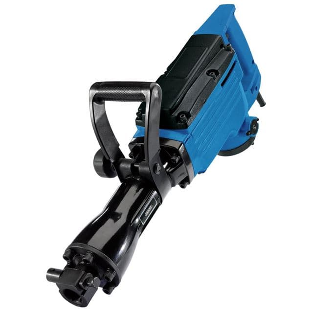 Draper 56409 230V 14Kg breaker features a blue and black design, with a sturdy handle and a robust black striking mechanism, ideal for heavy-duty demolition tasks.