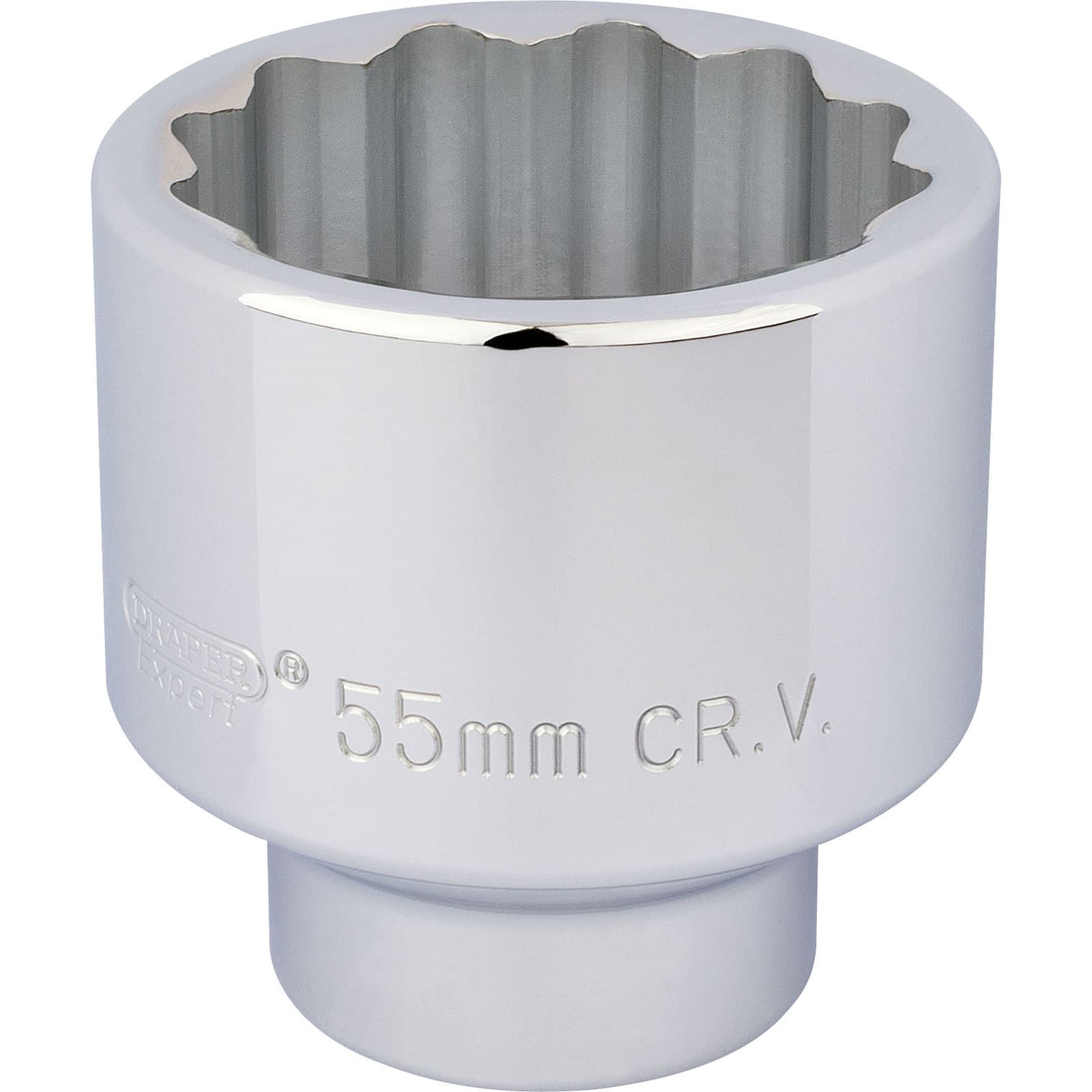 Draper 3/4" drive socket in chrome finish, 12-point design, with a 55mm size marked on the side, showcasing a smooth metallic surface and a deep, fluted interior.
