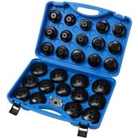 Blue plastic case with 30 black oil filter cap wrenches, organized in rows, with secure clasps.