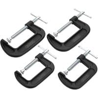 Black Draper heavy-duty G-clamps set, four pieces with silver screw handles and sturdy frames.