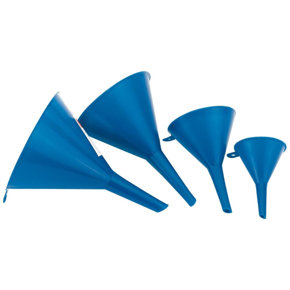 Four blue plastic funnels of varying sizes, featuring wide openings and narrow spouts, designed for easy pouring and transferring of liquids or dry ingredients.