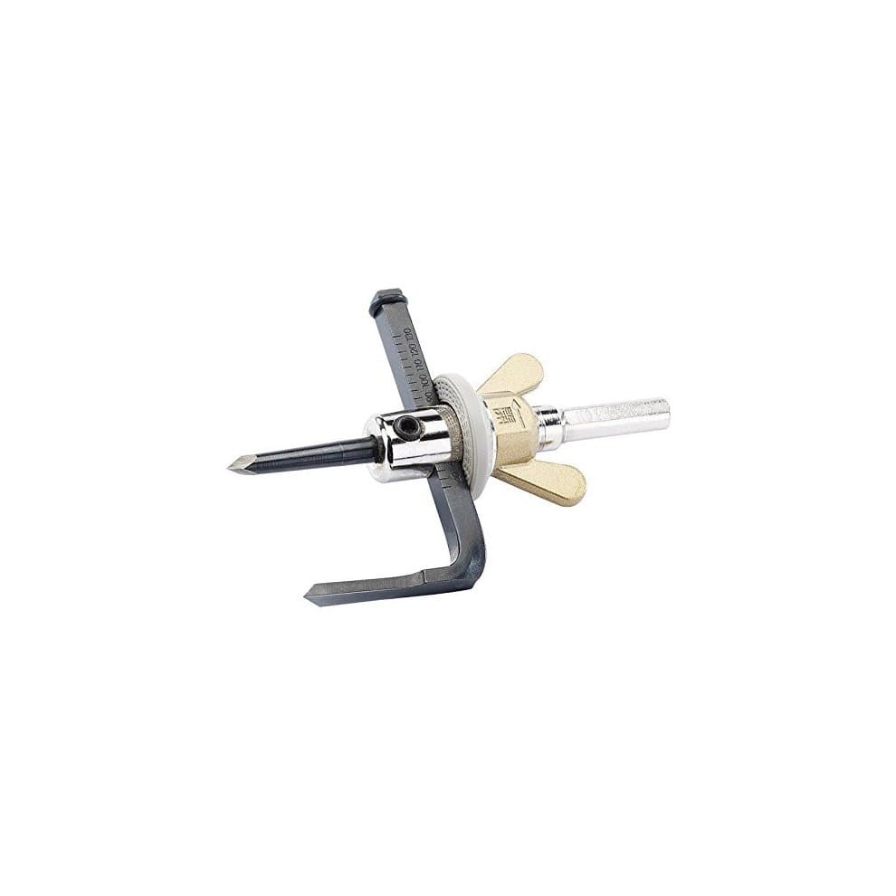 Draper 31950 hole cutter features a metallic body with a silver finish, adjustable arms for cutting holes from 40mm to 120mm, and a sharp central drill bit for wood or plastic.
