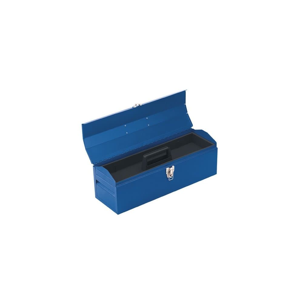 Blue metal tool box with a hinged lid, featuring a central handle and a secure latch, measuring 485 x 180 x 170mm, designed for organizing tools and small equipment.