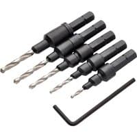 Draper 5 Piece Countersinking Drill Bit Set, black hex shank with silver drill bits, includes an Allen key.