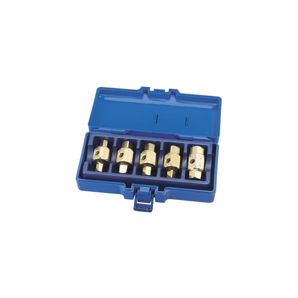 Five brass drain plug keys in a blue plastic case, featuring varying sizes for different applications, securely housed with a snap closure.