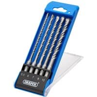 Draper 5 Piece SDS Plus Centric Drill Bit Set in blue plastic case with clear lid, featuring spiral fluted bits.