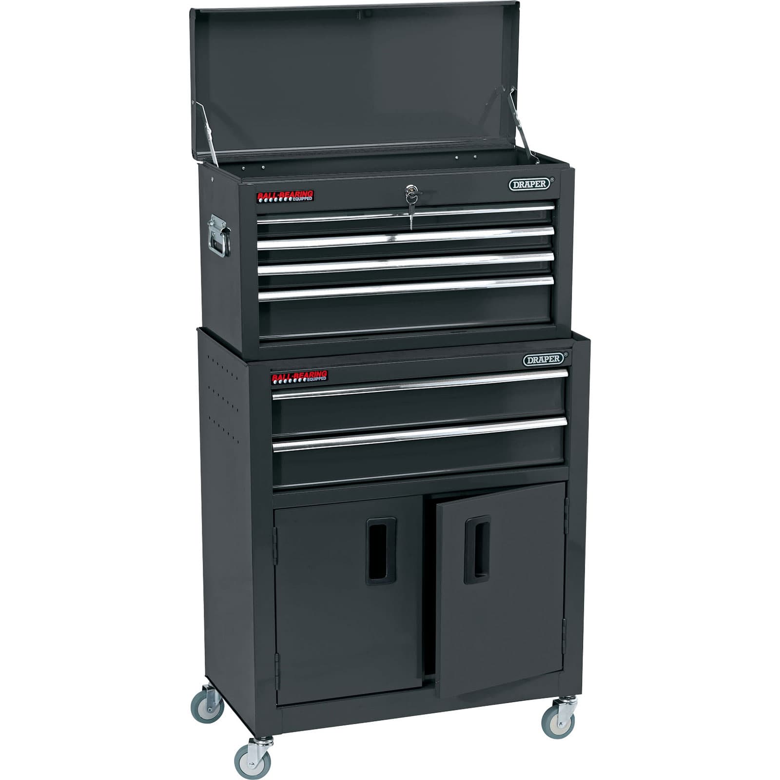 Black metal roller cabinet and tool chest with six drawers, a hinged top lid, and two lower cabinet doors, featuring chrome handles and wheels for mobility.